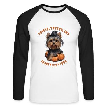 Halloween Magic: Yorkie in a Witch's Hat - Unisex Long Sleeve Baseball T-Shirt - white/black - Front - Nik (191cm)