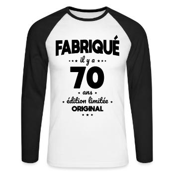 Anniversaire 70 ans - Fabriqué il y a 70 ans - T-shirt baseball manches longues Homme - blanc/noir - Devant - Nik (191cm)