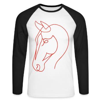 Skizze des roten Pferdes - Unisex Baseballshirt langarm - Weiß/Schwarz - Vorne - Nik (191cm)