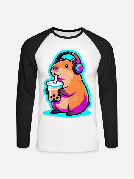 Süßes Capybara Bubble Tea Kawaii Tier Geschenk - Unisex Baseballshirt langarm - Weiß/Schwarz
