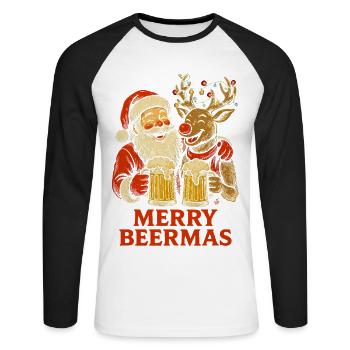 Lustiger Weihnachtsmann und Rentier Weihnachtsbier Design - Unisex Baseballshirt langarm - Weiß/Schwarz - Vorne - Nik (191cm)