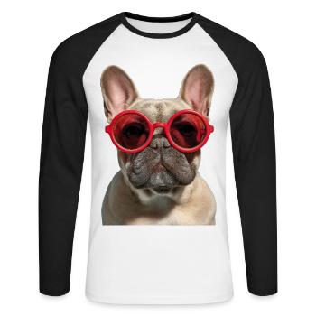 Französische Bulldogge Bouledogue français - T-shirt baseball manches longues Homme - blanc/noir - Devant - Nik (191cm)