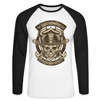 Surströmming T Shirt Norseman's Sushi - Unisex Baseballshirt langarm - Weiß/Schwarz - Vorne - Nik (191cm)