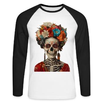 Rose Skull Halloween Art with Flowers - Unisex Baseballshirt langarm - Weiß/Schwarz - Vorne - Nik (191cm)