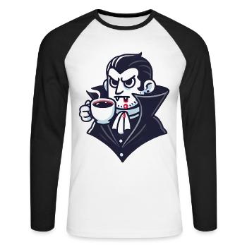 Dracula Coffee Time Cartoon Design - T-shirt baseball manches longues Homme - blanc/noir - Devant - Nik (191cm)