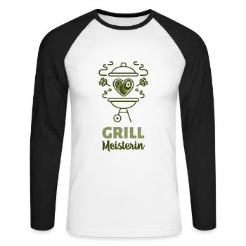 Grillmeisterin - Deutscher Spruch - Unisex Baseballshirt langarm - Weiß/Schwarz - Vorne - Nik (191cm)