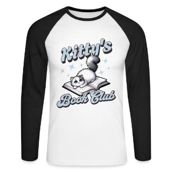 Kitty's Book Club - Paws & Pages Unite - Unisex Baseballshirt langarm - Weiß/Schwarz - Vorne - Nik (191cm)