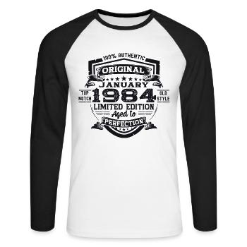 Born 1984 January 39th birthday Gift man - Unisex Long Sleeve Baseball T-Shirt - white/black - Front - Nik (191cm)