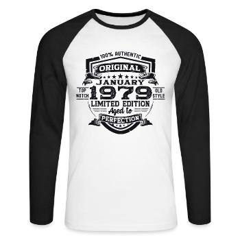 Born 1979 January 44th birthday Gift man - Unisex Long Sleeve Baseball T-Shirt - white/black - Front - Nik (191cm)