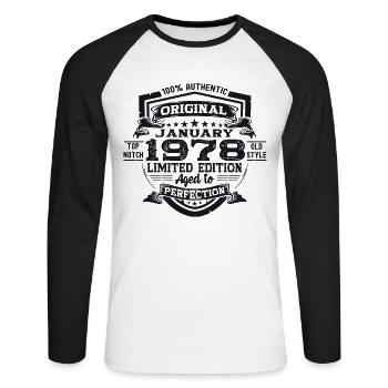Né en 1978 janvier 45e anniversaire cadeau homme - T-shirt baseball manches longues Homme - blanc/noir - Devant - Nik (191cm)