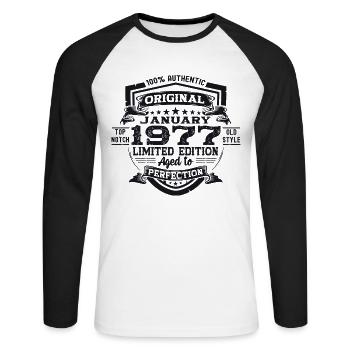 Born 1977 January 46th birthday Gift man - Unisex Long Sleeve Baseball T-Shirt - white/black - Front - Nik (191cm)