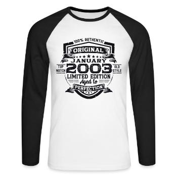 Année 2003 Janvier 20e anniversaire cadeau homme - T-shirt baseball manches longues Homme - blanc/noir - Devant - Nik (191cm)