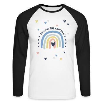 Regenbogen mit Herz - Follow the Rainbow - Unisex Baseballshirt langarm - Weiß/Schwarz - Vorne - Nik (191cm)