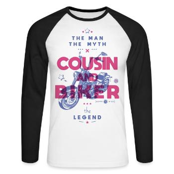 Cousin und Biker der Mann der Mythos die Legende - Unisex Baseballshirt langarm - Weiß/Schwarz - Vorne - Nik (191cm)