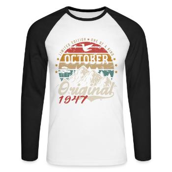 Cadeau Anniversaire - Millésime Né(e) Octobre 1947 - T-shirt baseball manches longues Homme - blanc/noir - Devant - Nik (191cm)
