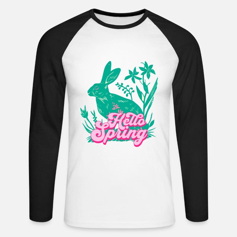 Hello Spring Rabbit with Flowers - Unisex Long Sleeve Baseball T-Shirt - white/black