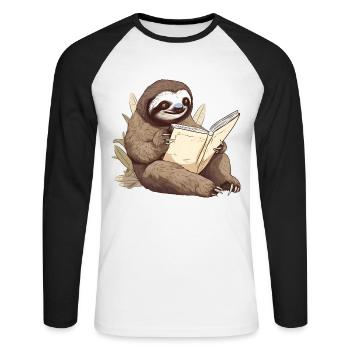 lesendes Faultier liest ein Buch - Unisex Baseballshirt langarm - Weiß/Schwarz - Vorne - Nik (191cm)