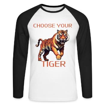 Wählen Sie Ihren Tiger | 8bit Tiger Abenteuer - Unisex Baseballshirt langarm - Weiß/Schwarz - Vorne - Nik (191cm)