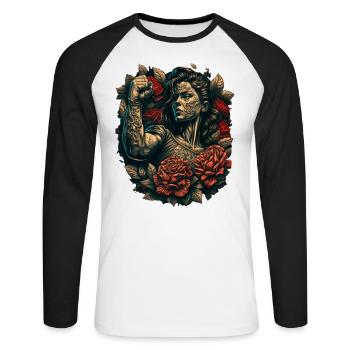 Femme forte Mère Roses Cadeau de fête des mères - T-shirt baseball manches longues Homme - blanc/noir - Devant - Nik (191cm)