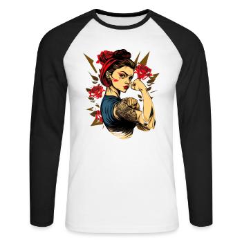 Femme forte Mère Roses Cadeau de fête des mères - T-shirt baseball manches longues Homme - blanc/noir - Devant - Nik (191cm)