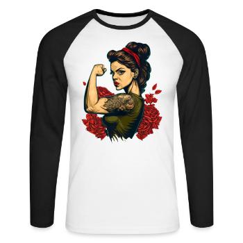 Femme forte Mère Roses Cadeau de fête des mères - T-shirt baseball manches longues Homme - blanc/noir - Devant - Nik (191cm)