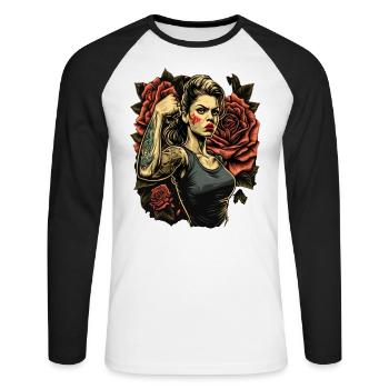 Femme forte Mère Roses Cadeau de fête des mères - T-shirt baseball manches longues Homme - blanc/noir - Devant - Nik (191cm)