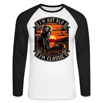 Je ne suis pas vieux je suis motard moto classique - T-shirt baseball manches longues Homme - blanc/noir - Devant - Nik (191cm)