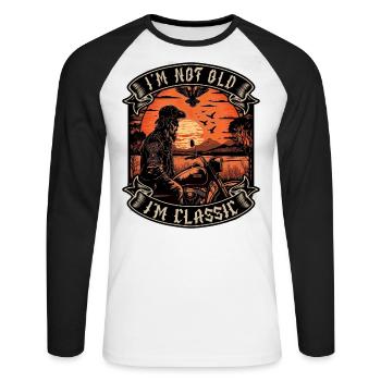 Je ne suis pas vieux je suis motard moto classique - T-shirt baseball manches longues Homme - blanc/noir - Devant - Nik (191cm)