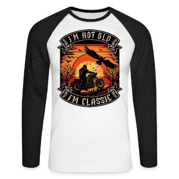 Je ne suis pas vieux je suis motard moto classique - T-shirt baseball manches longues Homme - blanc/noir - Devant - Nik (191cm)