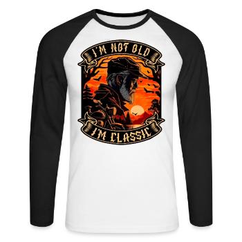 Je ne suis pas vieux je suis motard moto classique - T-shirt baseball manches longues Homme - blanc/noir - Devant - Nik (191cm)