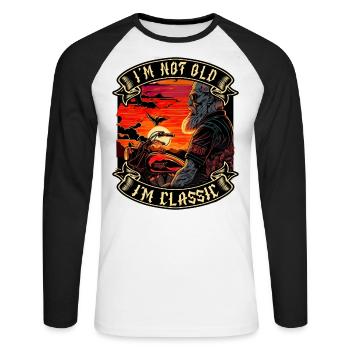 Je ne suis pas vieux je suis motard moto classique - T-shirt baseball manches longues Homme - blanc/noir - Devant - Nik (191cm)
