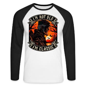 Je ne suis pas vieux je suis motard moto classique - T-shirt baseball manches longues Homme - blanc/noir - Devant - Nik (191cm)