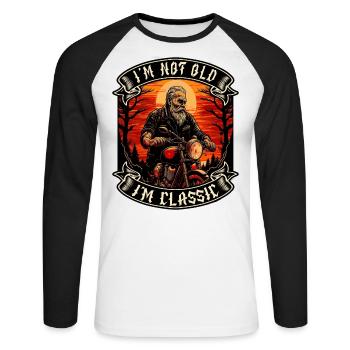 Je ne suis pas vieux je suis motard moto classique - T-shirt baseball manches longues Homme - blanc/noir - Devant - Nik (191cm)