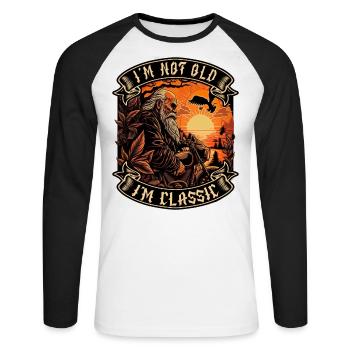 Je ne suis pas vieux je suis motard moto classique - T-shirt baseball manches longues Homme - blanc/noir - Devant - Nik (191cm)
