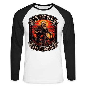 Je ne suis pas vieux je suis motard moto classique - T-shirt baseball manches longues Homme - blanc/noir - Devant - Nik (191cm)