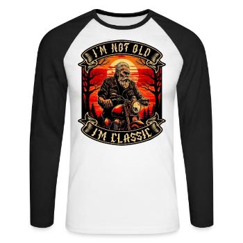 Je ne suis pas vieux je suis motard moto classique - T-shirt baseball manches longues Homme - blanc/noir - Devant - Nik (191cm)