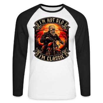 Je ne suis pas vieux je suis motard moto classique - T-shirt baseball manches longues Homme - blanc/noir - Devant - Nik (191cm)
