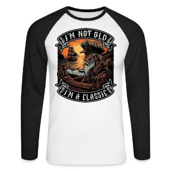 Je ne suis pas vieux Je suis un amoureux des bateaux classiques - T-shirt baseball manches longues Homme - blanc/noir - Devant - Nik (191cm)