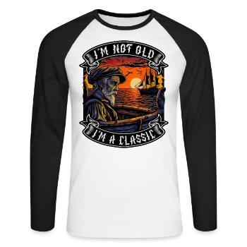Je ne suis pas vieux Je suis un amoureux des bateaux classiques - T-shirt baseball manches longues Homme - blanc/noir - Devant - Nik (191cm)