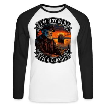 Je ne suis pas vieux Je suis un amoureux des bateaux classiques - T-shirt baseball manches longues Homme - blanc/noir - Devant - Nik (191cm)
