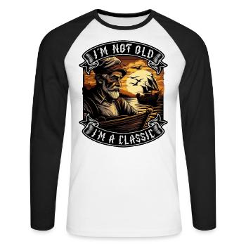Je ne suis pas vieux Je suis un amoureux des bateaux classiques - T-shirt baseball manches longues Homme - blanc/noir - Devant - Nik (191cm)