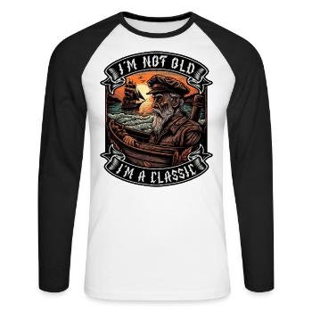 Je ne suis pas vieux Je suis un amoureux des bateaux classiques - T-shirt baseball manches longues Homme - blanc/noir - Devant - Nik (191cm)