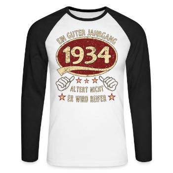 89. Geburtstag 1934 Guter Jahrgang - Unisex Baseballshirt langarm - Weiß/Schwarz - Vorne - Nik (191cm)