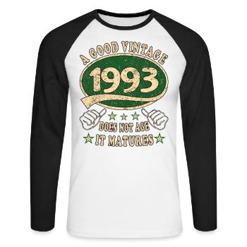 30ème anniversaire 1993 30s Bon millésime - T-shirt baseball manches longues Homme - blanc/noir - Devant - Nik (191cm)