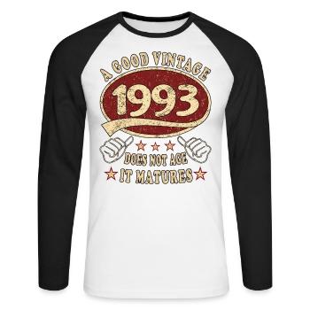 30ème anniversaire 1993 30s Bon millésime - T-shirt baseball manches longues Homme - blanc/noir - Devant - Nik (191cm)