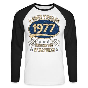 46e anniversaire 1977 46er Bon millésime - T-shirt baseball manches longues Homme - blanc/noir - Devant - Nik (191cm)