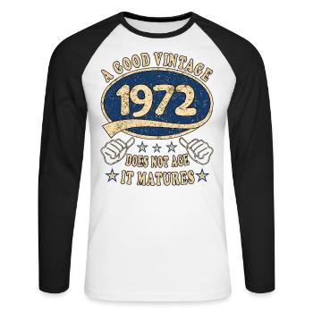 51ème anniversaire 1972 '51 Bon Millésime - T-shirt baseball manches longues Homme - blanc/noir - Devant - Nik (191cm)