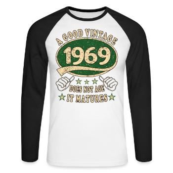 54ème anniversaire 1969 '54 Bon millésime - T-shirt baseball manches longues Homme - blanc/noir - Devant - Nik (191cm)