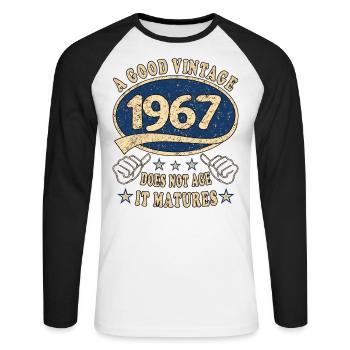 56. Geburtstag 1967 56er Guter Jahrgang - Unisex Baseballshirt langarm - Weiß/Schwarz - Vorne - Nik (191cm)