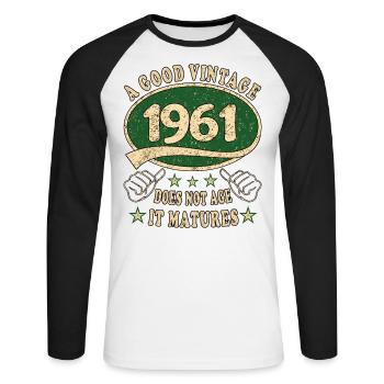 62ème Anniversaire 1961 '62 Bon Millésime - T-shirt baseball manches longues Homme - blanc/noir - Devant - Nik (191cm)